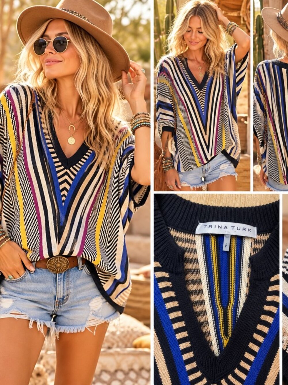 Trina Turk V-Neck Striped Sweater in Black, Cream, Blue, Yellow & Purple